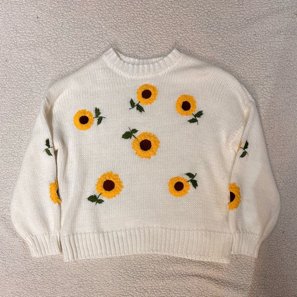 Sweaters - Sunflower Embroidered White Sweater